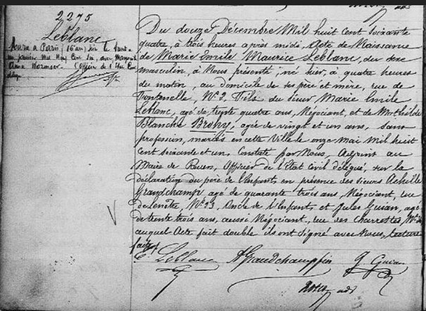 Acte de naissance de Maurice leblanc