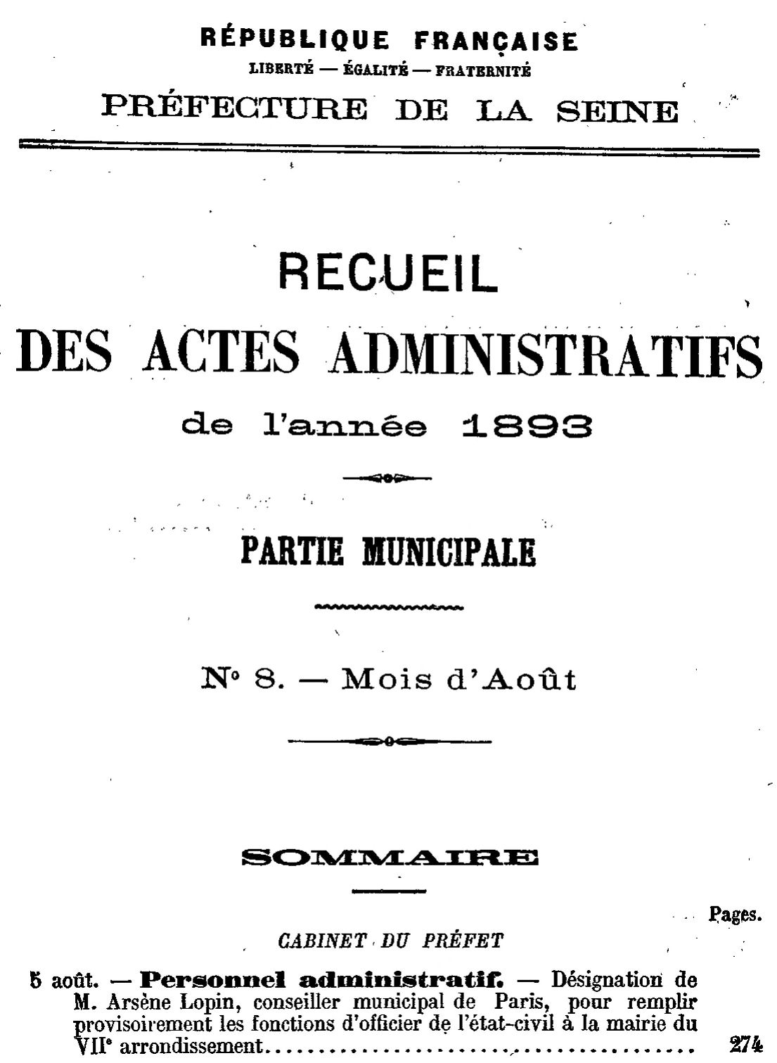 Recueil des actes administratifs de la prfecture de la Seine de 1893